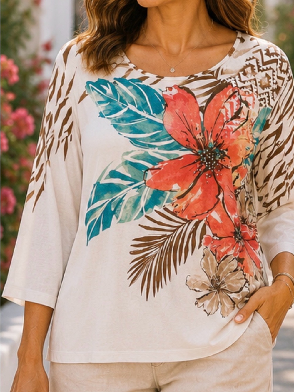Alfred Dunner Tropical Floral Zebra Print Top Size Large L Cotton Blend